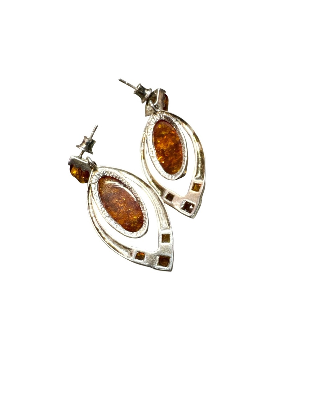 Vintage Modernist Sterling Silver Baltic Cognac Amber Dangle Earrings 2” - Picture 2 of 6